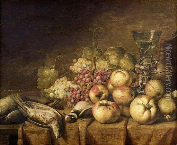 Nature Morte Aux Pommes, Raisins, Verre Roemer Et Oiseaux Sur Unentablement Oil Painting - Jan, Johannes Baumann