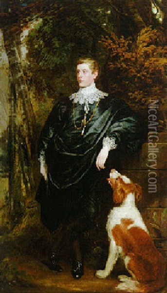 Portrait Of Felix Ladbroke, Wearing A Black Van Dyckian Costume, A Spaniel Nearby Oil Painting - Sir William Beechey