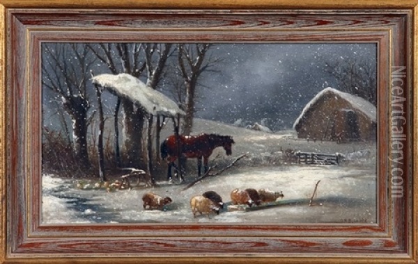 Nocturnal Winter Scene With Falling Snow And Farm Animals By Stable Oil Painting - George Robert Bonfield