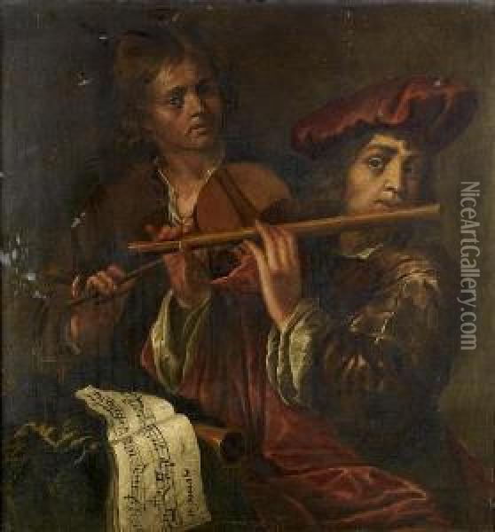 Young Musicians Playing A Violin And A Flute Oil Painting - Jan Cossiers