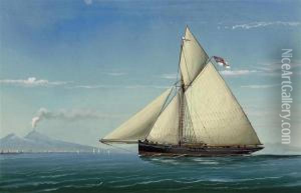 A Royal Yacht Squadron Cutter Powering Along In The Bay Ofnaples Oil Painting - Antonio de Simone