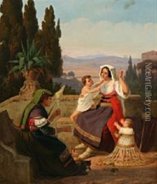 Roman Family Idyll With A Mother And Two Small Children Visiting Grandmother Oil Painting - Peter (Johann P.) Raadsig