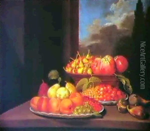 Still Life Of Apples And Pears In A Basket, Strawberries And Whitecurrants In A Dish, And Apricots, Pears, Gooseberries Oil Painting - Jacob Samuel Beck