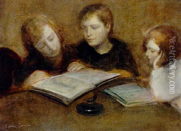 Trois Jeunes Filles En Train De Lire Oil Painting - Eugene Carriere