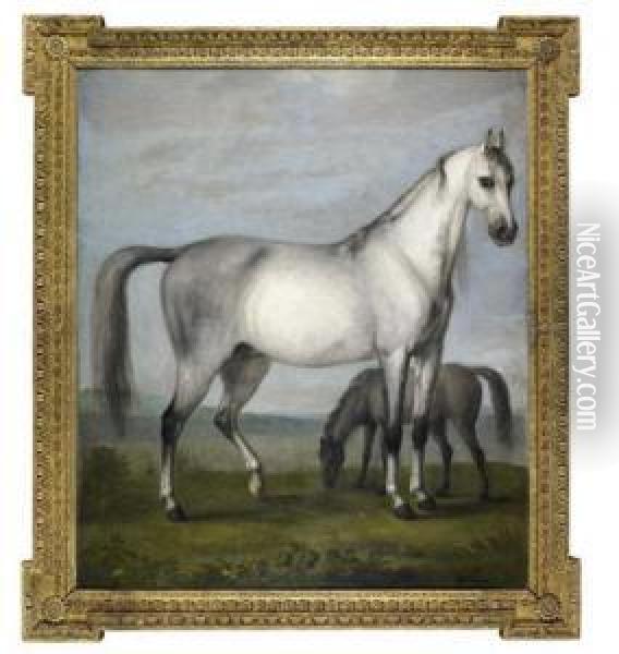 A Grey Mare And A Foal In An Extensive Hilly Landscape Oil Painting - Peter Tillemans