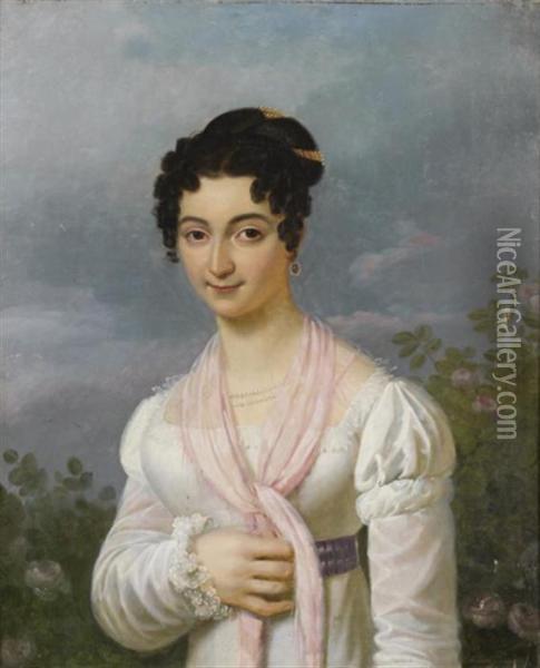 Portrait De Jeune Femme A L'echarpe Rose Oil Painting - Edouard Pingret