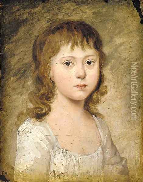 Portrait of a young girl, small quarter-length, in a white dress Oil Painting - English School