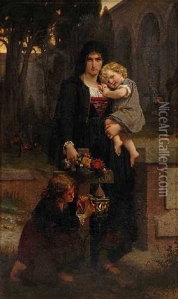 Mutter Mit Ihren Beiden Kindern Am Grab Des Vaters Oil Painting - Pierre Auguste Cot