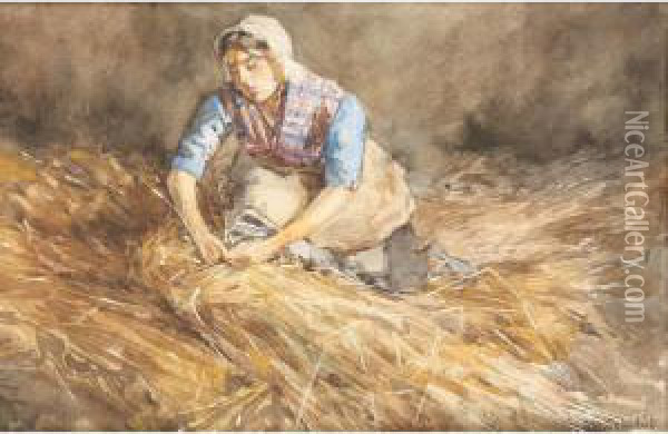 A Woman Kneeling And Carrying A Bunch Of Straw Oil Painting - Martinus Schildt