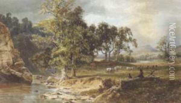 Figure Resting By A River With Cattle Nearby Oil Painting - John Faulkner