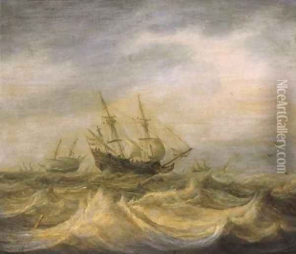 A threemaster and other shipping in choppy waters on a cloudy day Oil Painting - Pieter the Elder Mulier
