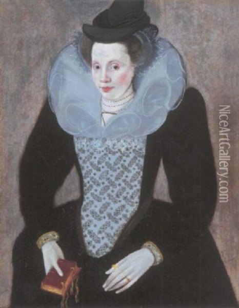 Portrait Of A Lady In A Black Dress, A White Embroidered Bodice And Ruff, Holding A Book In Her Right Hand Oil Painting - Robert Peake the Elder