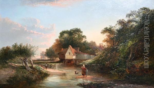 Cottage By A River With Figure Crossing A Ford Oil Painting - Edward Charles Williams