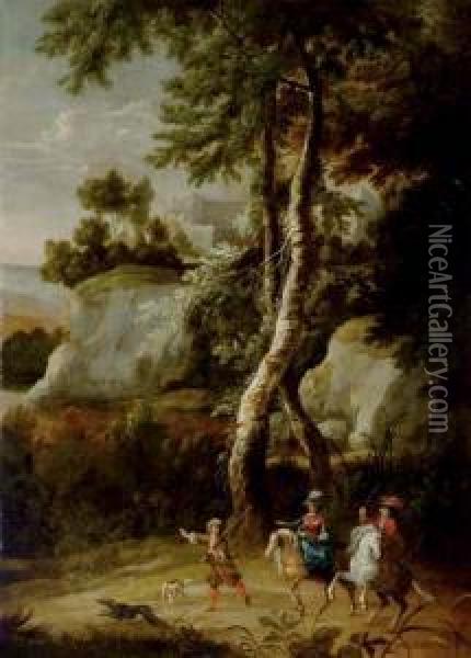 A Hunting Party In A Wooded Landscape, A Fort On A Clifftop Beyond Oil Painting - Jan Hackaert