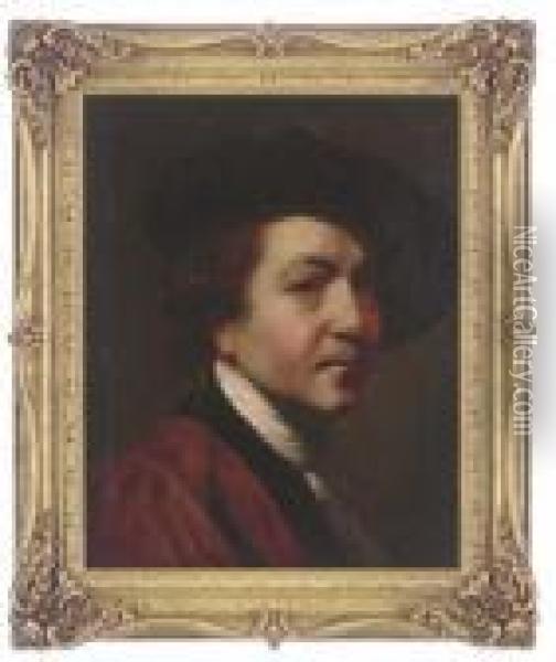 Self-portrait, Head-and-shoulders, In A Red Coat And Black Hat Oil Painting - Sir Joshua Reynolds