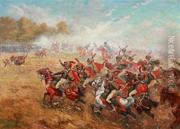 French Napoleonic Chasseurs A Cheval De La Garde Imperiale Attacking Oil Painting - Paul Emile Leon Perboyre