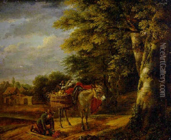 A Farmer With A Laden Donkey On A Track, A Cottage Beyond Oil Painting - Jean-Louis Demarne