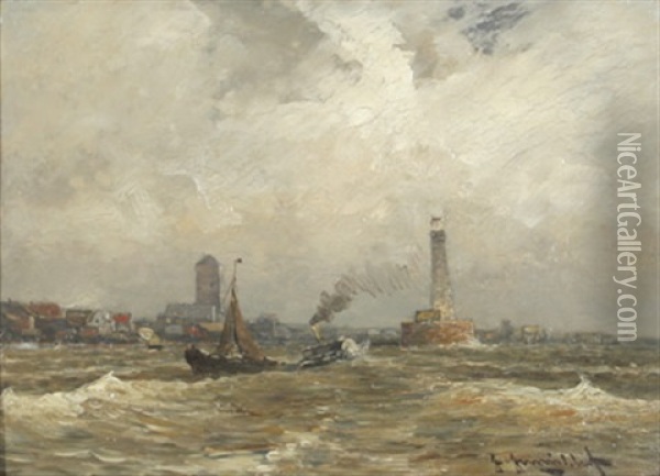 Boote Bei Der Einfahrt In Den Hafen Bei Sturmischer See Oil Painting - Johann Jungblut