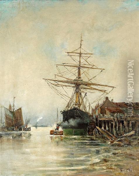 A Sailing Ship Docked At A Pier Oil Painting - Michel
