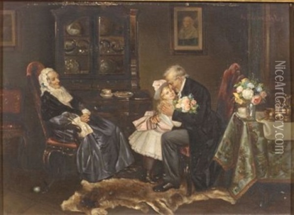 A Visit To Her Grandparents' House Oil Painting - Leopold Schmutzler