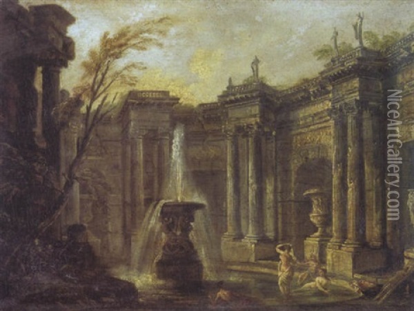 Caprice Architectural A La Fontaine Oil Painting - Jean Baptiste Lallemand