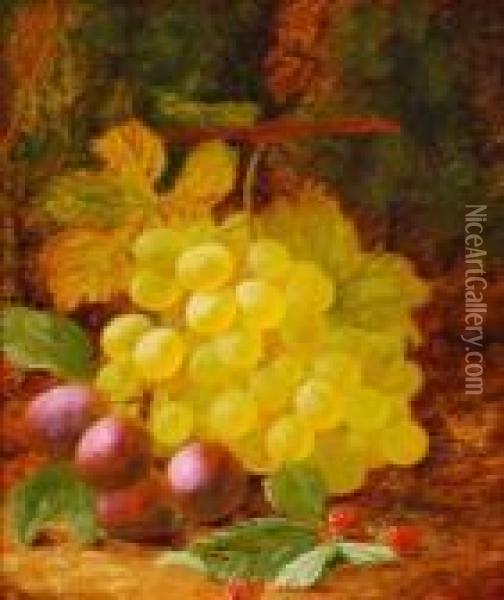 Still Life Of Grapesand Plums On A Mossy Bank Oil Painting - Oliver Clare