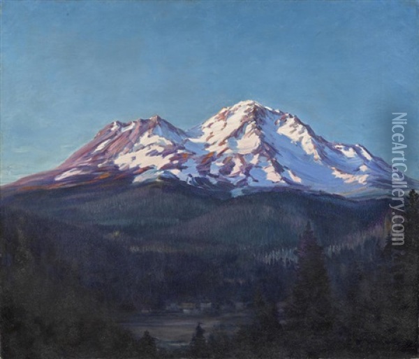 A Sunny Mountain Peak (mt. Shasta) Oil Painting - Henry Joseph Breuer