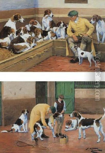 Hounds In A Kennel; And Hounds In A Yard: A Pair Of Paintings Oil Painting - George Wright