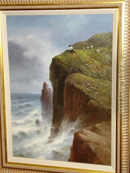 A Coastal Scene With A Shepherd And Sheep Atop A Cliff, Signed Oil Painting - S.L. Kilpack