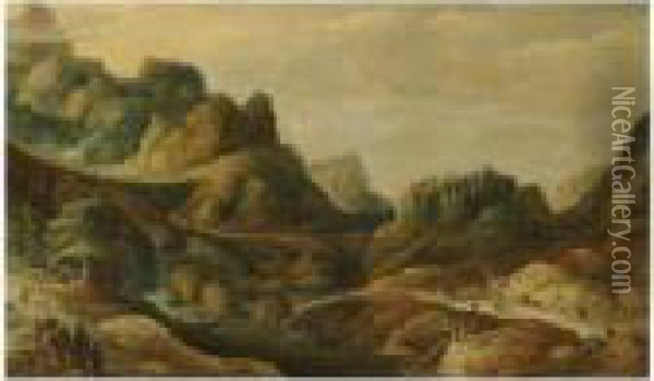 A Mountainous Landscape, With Many Figures On A Road Passing Alongeach Bank Of A River Oil Painting - Joos De Momper