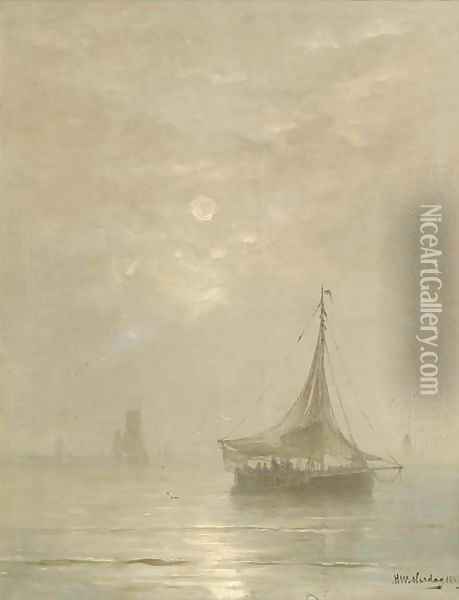 A calm bomschuiten at sea on a hazy afternoon Oil Painting - Hendrik Willem Mesdag