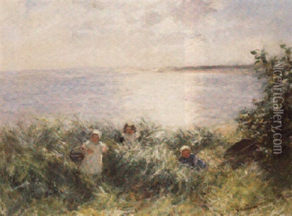 Young Girls Picking Flowers By The Sea Oil Painting - Robert Gemmell Hutchison