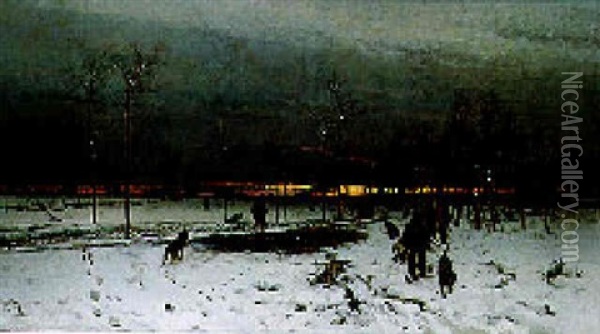 Winter: A Hunting Party Returning Home At Dusk Oil Painting - Ludwig Munthe