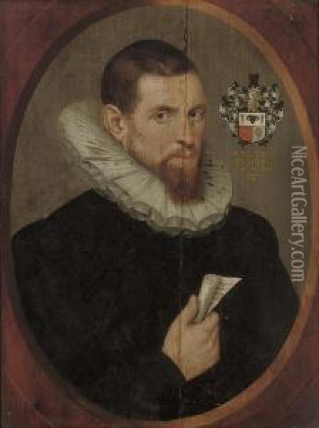 Portrait Of A Gentleman, 
Half-length, In A Black Doublet And Ruff, With A Scroll In His Right 
Hand Oil Painting - John de Critz