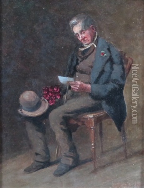 Sitzender Mann Mit Blumenstraus Liest Eine Botschaft Oil Painting - Alwin Stahr