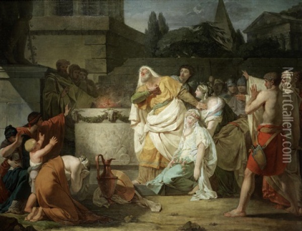 The High Priest Coresus Sacrificing Himself To Save Callirhoe Oil Painting - Francois Guillaume Menageot