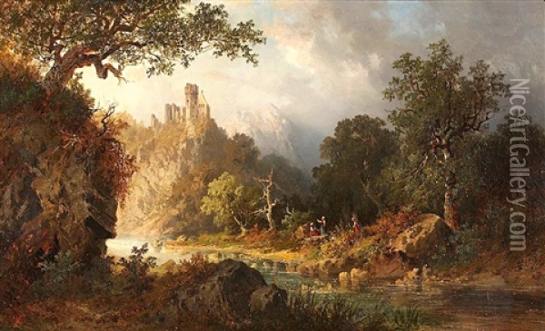 Die Ruine Wehrburg In Dunnbachtal An Der Mosel Oil Painting - Hermann Bennekenstein