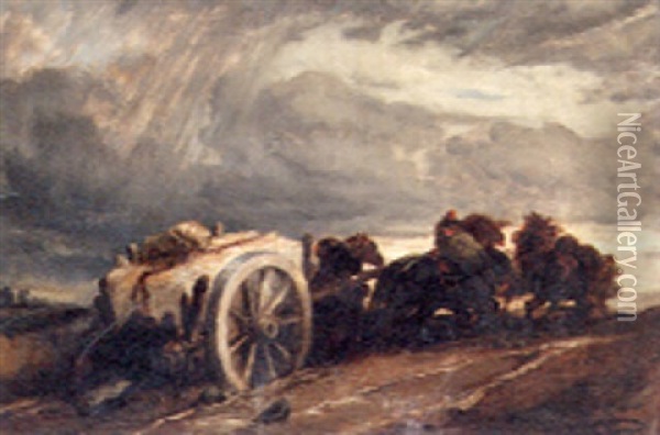 Horses Pulling A Heavy Cart In A Stormy Landscape Oil Painting - Achille Giroux