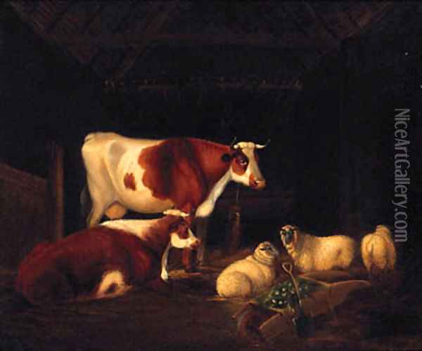 Cattle And Sheep Resting In A Barn Oil Painting - English School