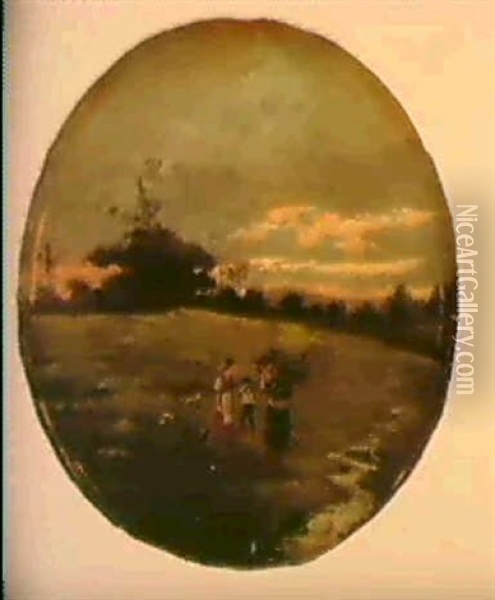 Moorlandschaft Im Abendlicht, Im Vordergrund Figurengruppe  Mit Reisigsammlerin Oil Painting - Adolf Heinrich Lier
