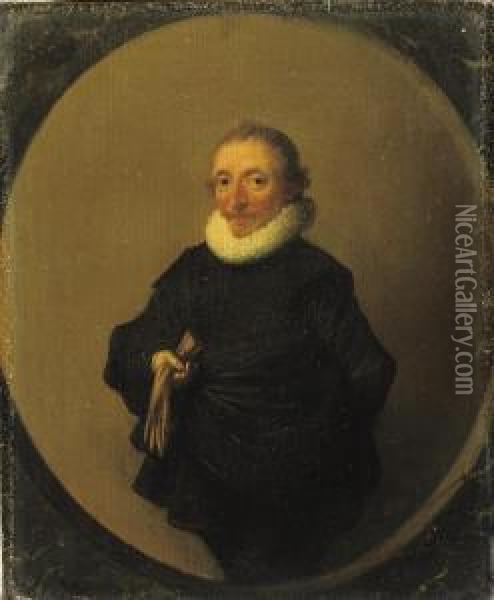 Portrait Of David De Moor, Three-quarter-length, In A Black Costumewith A White 'molensteenkraag', Holding A Pair Of Leather Gloves; Apainted Oval Oil Painting - Hendrick Gerritsz. Pot