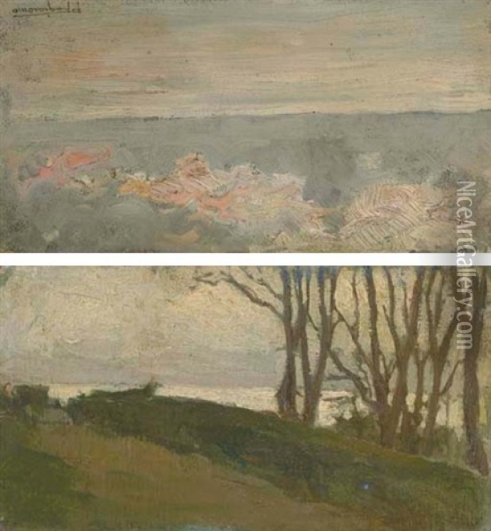 Seascape (+ Landscape; Pair) Oil Painting - Pietro Fragiacomo