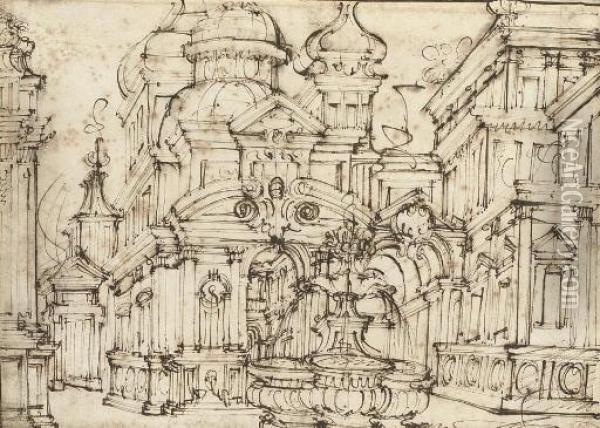 Design For The Exterior Of A Fantasy Palace Oil Painting - Filippo Juvarra