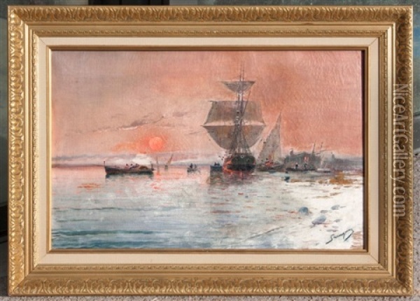 Marine, Soleil Couchant Oil Painting - Henri Malfroy-Savigny