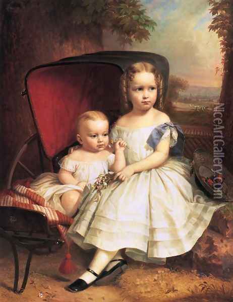 Portrait of Two Children, Helen and Alice Capron Oil Painting - William Ruthven Wheeler