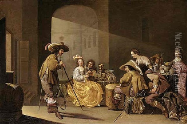 Soldiers And Elegantly Dressed Ladies Gambling In A Guardroom Interior Oil Painting - Jacob Duck