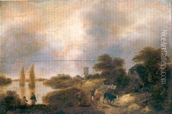 A River Landscape With Peasants And Cattle On A Track, Fishermen Nearby Oil Painting - Nicolaes Molenaer