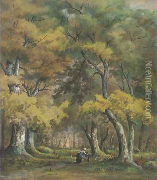 A wooded landscape with a woman gathering wood Oil Painting - Narcisse-Virgile Diaz de la Pena