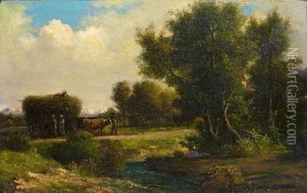 Baumbestandene Landschaft Mit Bauern Bei Der Heuernte Oil Painting - Georg Kobel