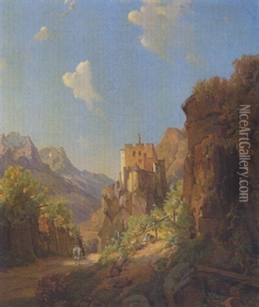 Gebirgstal Mit Einer Burg (in Sudtirol?) Oil Painting - August Podesta